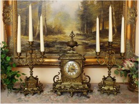 FRANCUSKI KOMINKOWY ZEGAR Z KANDELABRAMI - BRĄZ 1870r.