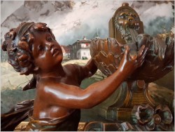 Polecamy! Duży medalowy zegar figuralny z wazami "La Fontaine aux Mesanges" ( par F. Moreau) XIXw.