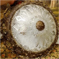 POLECAMY! WYJĄTKOWY PAŁACOWY DUŻY  MOSIĘŻNY PLAFON Z KRYSZTAŁOWYM SZKŁEM NA TRZY ŻARÓWKI 50 CM