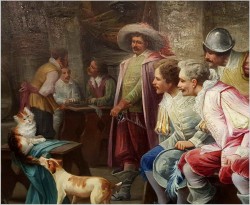 DUŻY MUZEALNY OBRAZ! MUSZKIETERZY W KARCZMIE, ZABAWA PSA Z KOTEM - Max Albert CARLIER (1872-1938)