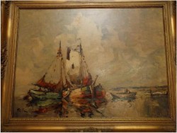 RUDOLF PRIEBE (1889 – 1964) „Kutry rybackie u wybrzeża Morza Północnego” – obraz marynistyczny