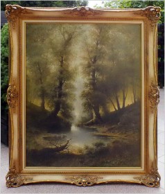 WYJĄTKOWY! LEŚNY SIELANKOWY KRAJOBRAZ, GIFFINGER RUDOLF - WIEDEŃ XIXw. (UWAGA! DUŻY ROZMIAR XXL)