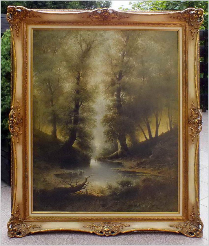 WYJĄTKOWY! LEŚNY SIELANKOWY KRAJOBRAZ, GIFFINGER RUDOLF - WIEDEŃ XIXw. (UWAGA! DUŻY ROZMIAR XXL)