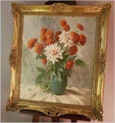 Wyjątkowy Obraz Olejny! Piękne Herbaciane Dalie w Wazonie - Oryg. Erich Krüger *1897r.