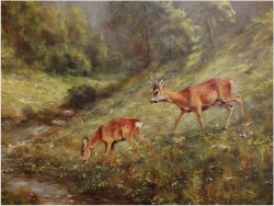 OBRAZ MYŚLIWSKI, SARNY U WODOPOJU - GEORG MAJEWICZ (1897 - 1965)