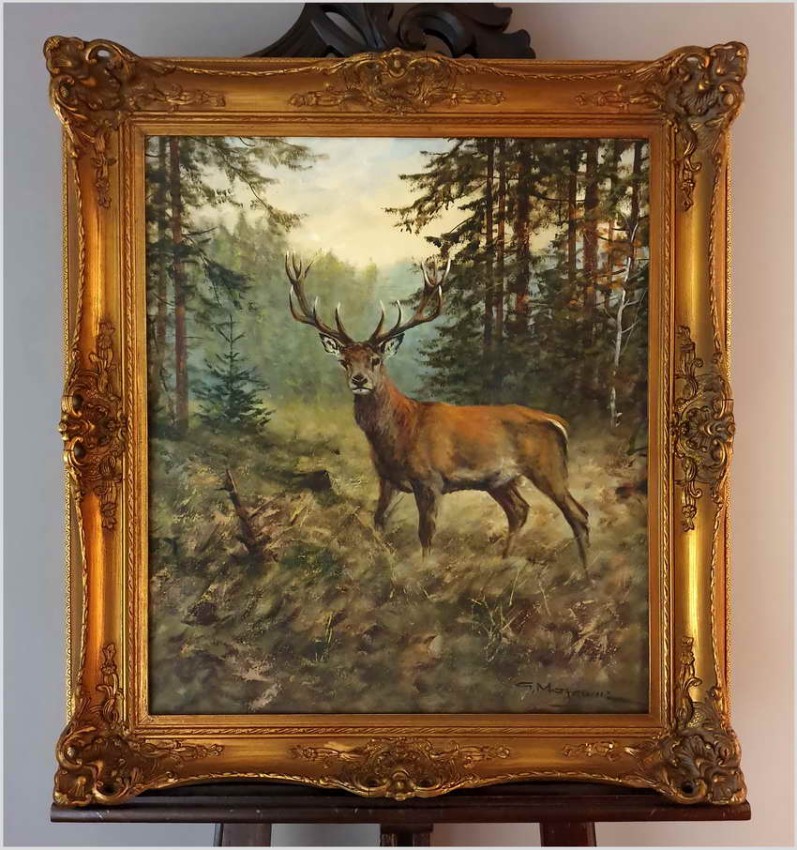 Malarstwo myśliwskie! Dostojny czternastak. Jeleń - oryg. Georg Majewicz (1897-1965)