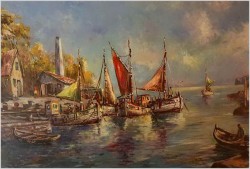 Duża Wspaniała Panorama Marynistyczna - Erik Broll XXw. / 143cm x 80cm