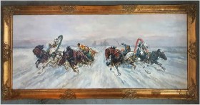 Duże malarstwo 185cm x 70cm, Wyścig Trojki - J.Orloff (Russian, XIXw.)