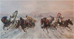 Duże malarstwo 185cm x 70cm, Wyścig Trojki - J.Orloff (Russian, XIXw.)