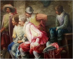 DUŻY MUZEALNY OBRAZ! MUSZKIETERZY W KARCZMIE, ZABAWA PSA Z KOTEM - Max Albert CARLIER (1872-1938)