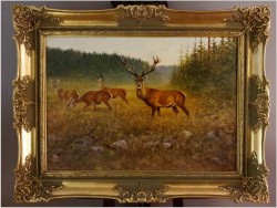 Malarstwo myśliwskie! Jeleń i Łanie na leśnej polanie - oryg. Georg Majewicz (1897-1965) Rozmiar XXL!