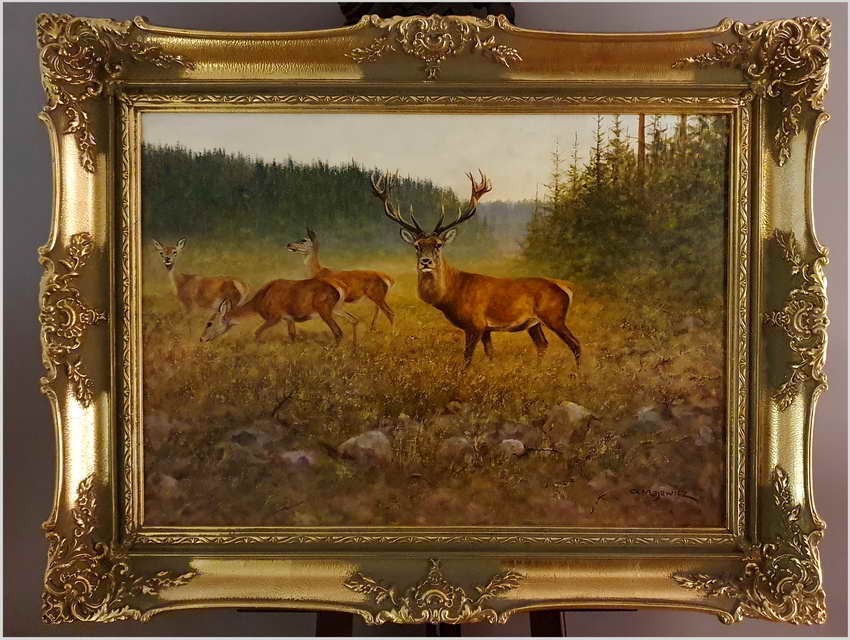 Malarstwo myśliwskie! Jeleń i Łanie na leśnej polanie - oryg. Georg Majewicz (1897-1965) Rozmiar XXL!