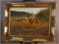Malarstwo myśliwskie! Jeleń i Łanie na leśnej polanie - oryg. Georg Majewicz (1897-1965) Rozmiar XXL!