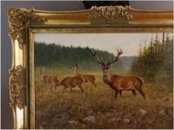 Malarstwo myśliwskie! Jeleń i Łanie na leśnej polanie - oryg. Georg Majewicz (1897-1965) Rozmiar XXL!