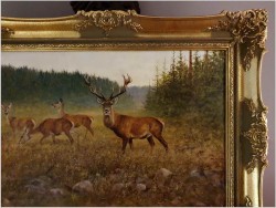 Malarstwo myśliwskie! Jeleń i Łanie na leśnej polanie - oryg. Georg Majewicz (1897-1965) Rozmiar XXL!