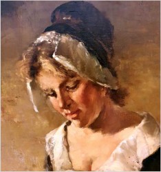 Notowane malarstwo! Gosposia obierająca jabłka - Dickmeis Gerhard (1918 -1978)