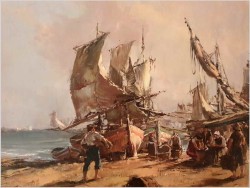 Krajobraz z łodziami. Rozładunek - Dickmeis Gerhard (1918 -1978)