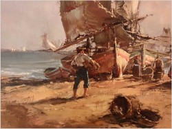 Krajobraz z łodziami. Rozładunek - Dickmeis Gerhard (1918 -1978)