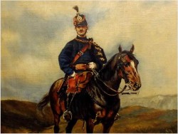 PIĘKNE MALARSTWO BATALISTYCZNE! PORTRET HUZARA NA KONIU - XIXw.