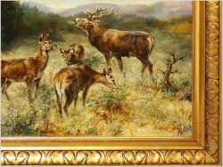 Krajobraz z Jeleniem i Trzema Łaniami - Sygn. Plattner (Datowany 1934r)