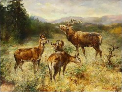 Krajobraz z Jeleniem i Trzema Łaniami - Sygn. Plattner (Datowany 1934r)