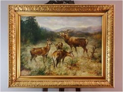 Krajobraz z Jeleniem i Trzema Łaniami - Sygn. Plattner (Datowany 1934r)