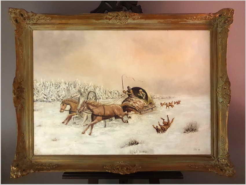 Atak wilków! Rosyjska Trojka zimą - Sygn. Pia '69 (120cm x 90cm)