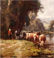 Obraz olejny! Krowy Przy Wodopoju - Karl Mohr (Düsseldorf 1922-2013)