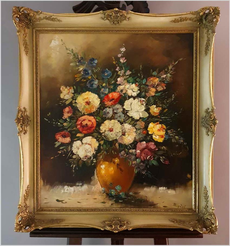 Kompozycja Olejna Kwiatów w Wazonie - Sygn. Miguel XXw.