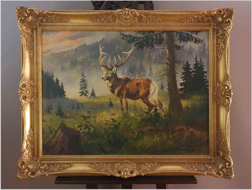 Malarstwo myśliwskie! Jeleń na leśnej polanie - Fred ARENDT (*1928)