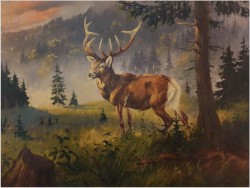 Malarstwo myśliwskie! Jeleń na leśnej polanie - Fred ARENDT (*1928)