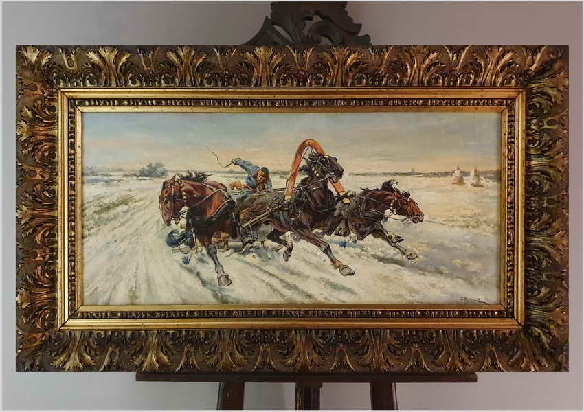 Rosyjskie malarstwo olejne! - Pędząca trojka. Rosja XIXw. (150cm x 82cm)
