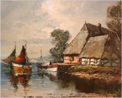 Łodzie przy brzegu - Dieter Lukas Larsen (1936-2001 Düsseldorf)