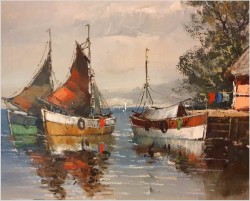 Łodzie przy brzegu - Dieter Lukas Larsen (1936-2001 Düsseldorf)