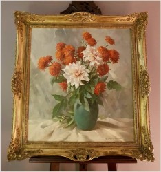 Wyjątkowy Obraz Olejny! Piękne Herbaciane Dalie w Wazonie - Oryg. Erich Krüger *1897r.