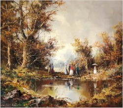 Stary obraz olejny! Piknik w parku - Friedrich Karl Thauer (1924-2009)