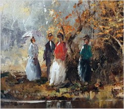 Stary obraz olejny! Piknik w parku - Friedrich Karl Thauer (1924-2009)