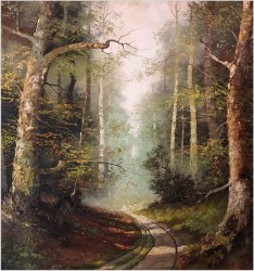 Mistrzowskie malarstwo olejne! Tajemniczy Las - W. Volker (XXw. Niemcy)