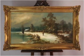 Duży zimowy panoramiczny pejzaż ze sztafażem - Gerhard Lechner *1932