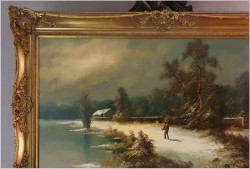 Duży zimowy panoramiczny pejzaż ze sztafażem - Gerhard Lechner *1932