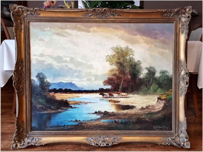 Wyjątkowy pejzaż z krowami ~ Helmut Stadelhofer *1914 | Rozmiar XXXL!