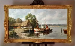 Duża panorama! Łodzie przy brzegu - Lothar Klein (*1911 Düsseldorf)