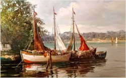 Duża panorama! Łodzie przy brzegu - Lothar Klein (*1911 Düsseldorf)