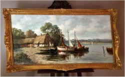 Duża panorama! Łodzie przy brzegu - Lothar Klein (*1911 Düsseldorf)