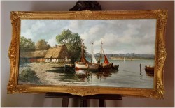 Duża panorama! Łodzie przy brzegu - Lothar Klein (*1911 Düsseldorf)