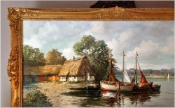 Duża panorama! Łodzie przy brzegu - Lothar Klein (*1911 Düsseldorf)