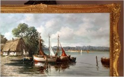 Duża panorama! Łodzie przy brzegu - Lothar Klein (*1911 Düsseldorf)