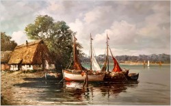 Duża panorama! Łodzie przy brzegu - Lothar Klein (*1911 Düsseldorf)