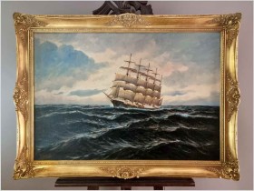 Pięciomasztowy żaglowiec w wieczornym blasku - Alfred Gabali *1886