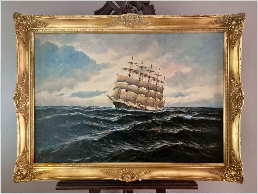 Pięciomasztowy żaglowiec w wieczornym blasku - Alfred Gabali *1886